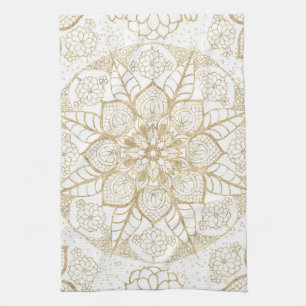 Stylish boho hand drawn golden mandala kitchen towel