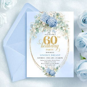 Stylish Boho Pastel Blue Greenery 60th Birthday Invitation