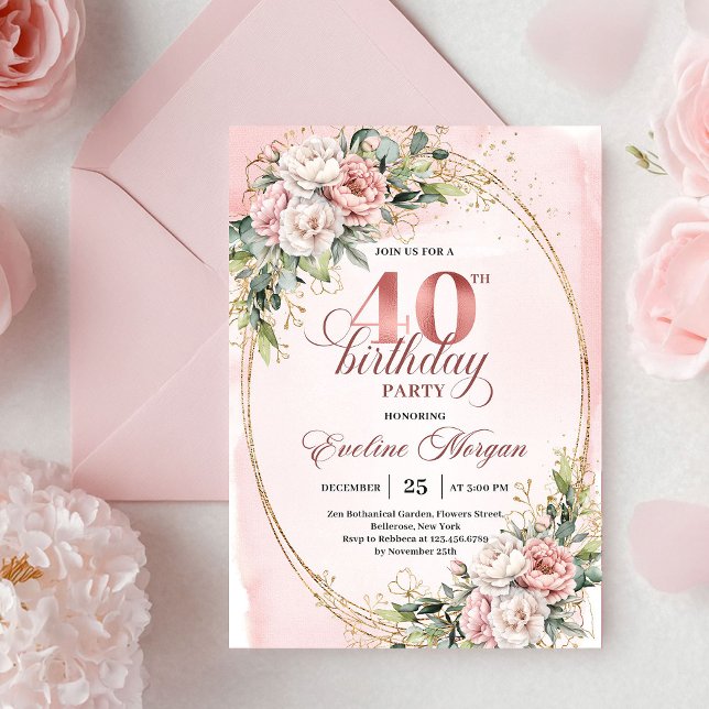Stylish Boho Powder Pink Flowers 40th Birthday  Invitation (Stylish Boho Powder Pink Flowers 40th Birthday Invitation)