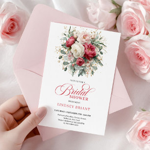 Stylish Boho Red White Gold Floral Bridal Shower   Invitation