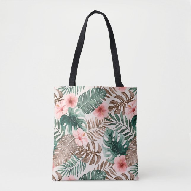 Stylish Boho Watercolor Tropical Floral Tote Bag (Front)