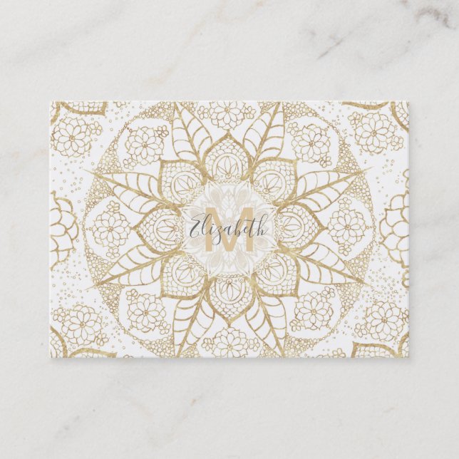 Stylish Boho White Gold Mandala Floral Business Card (Front)