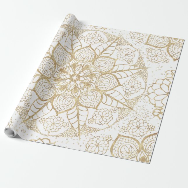 Stylish Boho White Gold Mandala Floral Wrapping Paper (Unrolled)