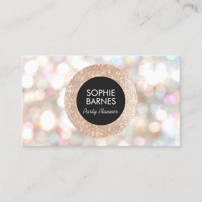Stylish Bokeh and Rose Gold sequin Event Planner Business Card (Front)