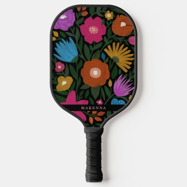 Stylish Bold Colourful Florals Name Black Pickleball Paddle (Front)