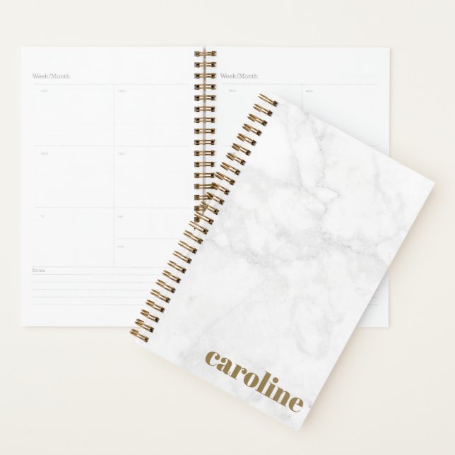 Stylish Bold Monogrammed White and Grey Marble Planner (Display)
