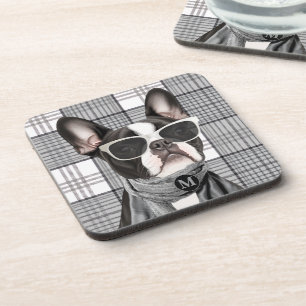 Stylish Boston Terrier Dog and Plaid Monogram Coaster