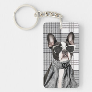 Stylish Boston Terrier Dog and Plaid Monogram Keychain