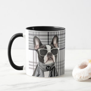 Stylish Boston Terrier Dog and Plaid Monogram Mug