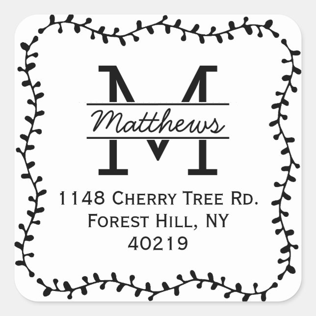 Stylish Botanical Border Custom Monogram Square Sticker (Front)