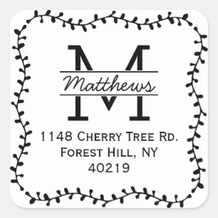 Stylish Botanical Border Custom Monogram Square Sticker