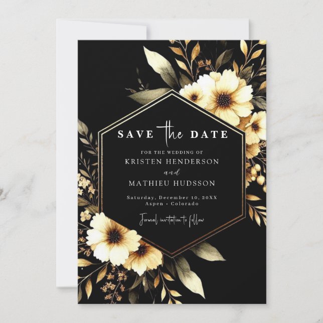 Stylish Botanical Gold and Black Wedding Save The Date (Front)