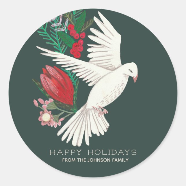 Stylish Botanical Green & Red Dove Christmas Classic Round Sticker (Front)