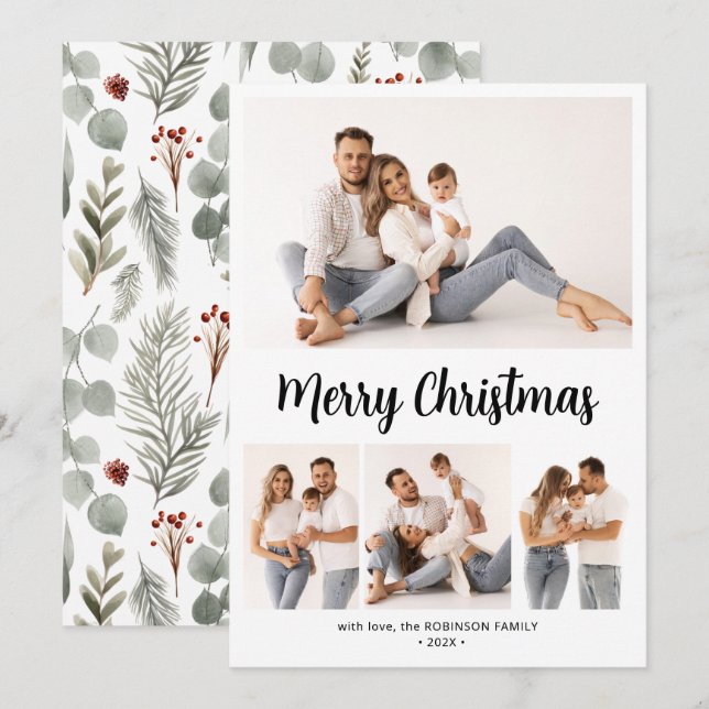 Stylish Botanical Script 4 Multi Photo Christmas  Holiday Card (Front/Back)
