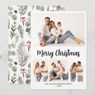 Stylish Botanical Script 4 Multi Photo Christmas Holiday Card