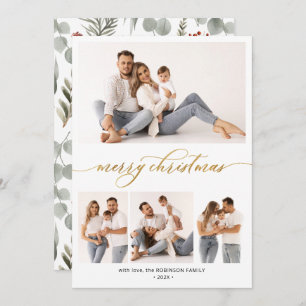 Stylish Botanical Script 4 Multi Photo Christmas Holiday Card