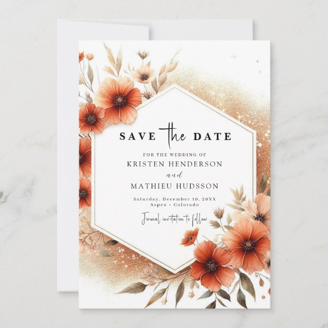 Stylish Botanical Terracotta Wedding  Save The Date (Front)