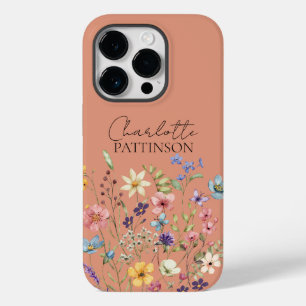 Stylish Botanical Wildflower Monogram Peach Case-Mate iPhone 14 Pro Case