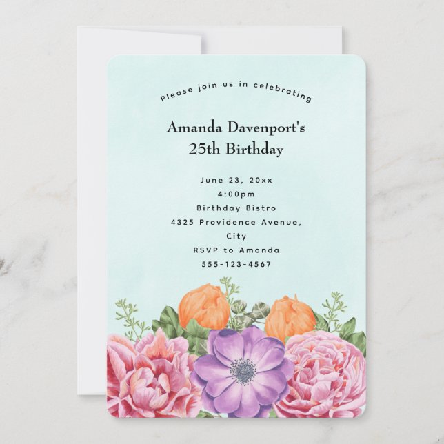 Stylish Bouquet of Watercolor Flowers Birthday Invitation (Front)