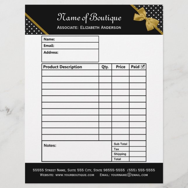 Stylish Boutique Polka Dots Gold Ribbon Order Form (Front)