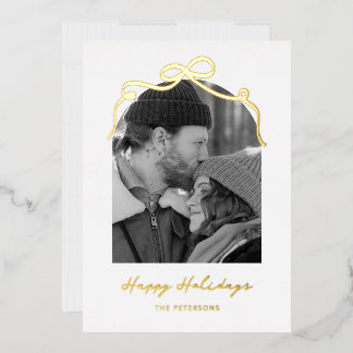 Stylish Bow Arch Couple Christmas Photo Gold Foil Holiday Card