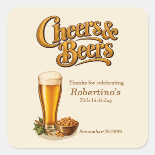 Stylish Brass Vintage Cheers & Beers 50th Birthday Square Sticker