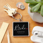 Stylish Bride Wedding Keychain<br><div class="desc">The perfect gift for any bride, the fun and modern design features a stylish typography script "Bride" with cute little red love heart full stops. The design is easy to personalize with your name and established wedding date and will be the perfect keepsake from your special day.</div>
