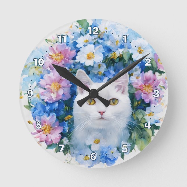 Stylish Bright and Colourful Floral Cat Round Clock (Front)