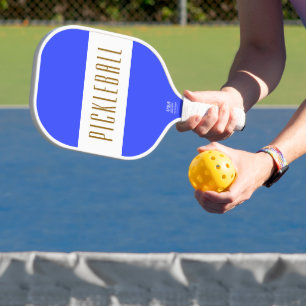 Stylish Bright Blue White PICKLEBALL Stripes Text Paddle