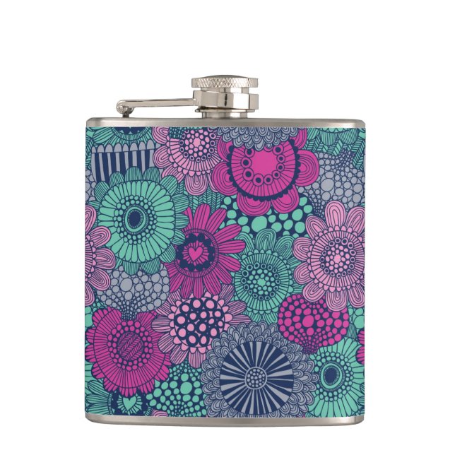 Stylish bright pattern of gorgeous flowers hip flask (Front)