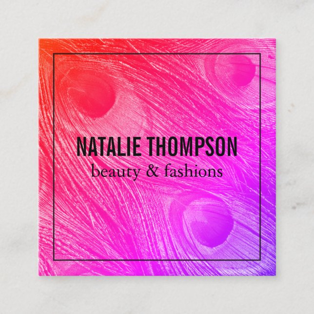 Stylish Bright Peacock Feathers Square Business Card (Front)
