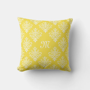 Stylish Bright Yellow Damask With Girly Monogram Throw Pillow