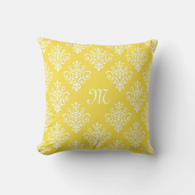 Stylish Bright Yellow Damask With Girly Monogram Throw Pillow (Front)