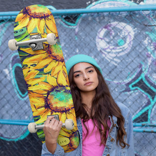 Stylish Bright Yellow Sunflower Art on Skateboard