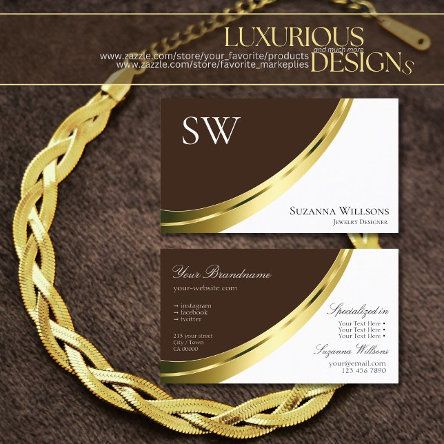 Stylish Brown and White Gold Decor with Monogram Business Card (Creator Uploaded)