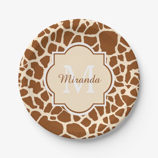 Stylish Brown Giraffe Print Monogram and Name Paper Plate (Front)