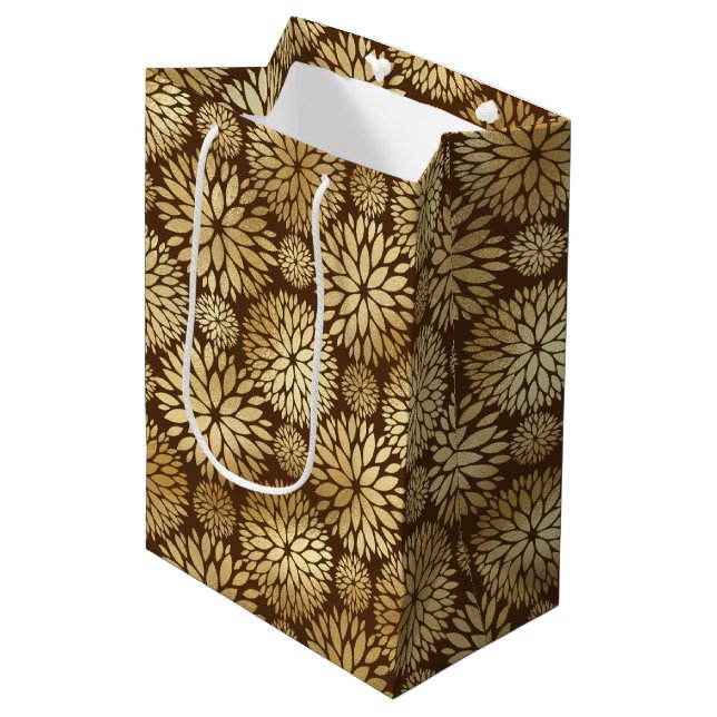 Stylish Brown & Gold Dahlias Pattern  Medium Gift Bag (Front Angled)
