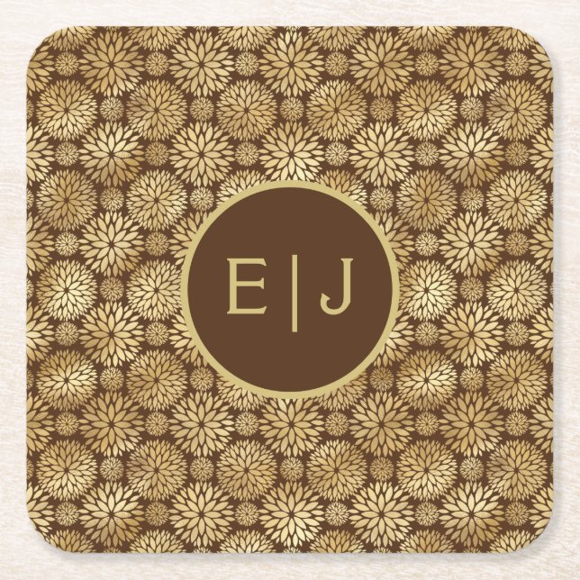 Stylish Brown & Gold Dahlias Pattern Monogram Square Paper Coaster (Front)