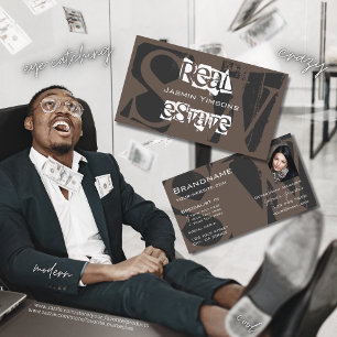 Stylish Brown Grey White with Photo and Monogram Business Card