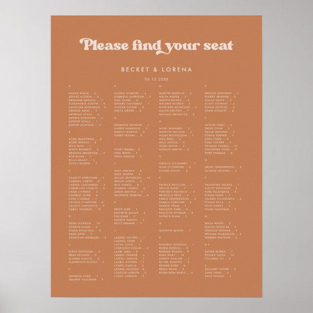 Stylish Brown sugar Alphabetical seating chart (Front)