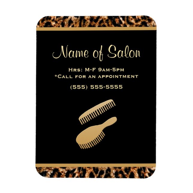 Stylish Brush Black and Gold Leopard Hair Salon Magnet (Vertical)