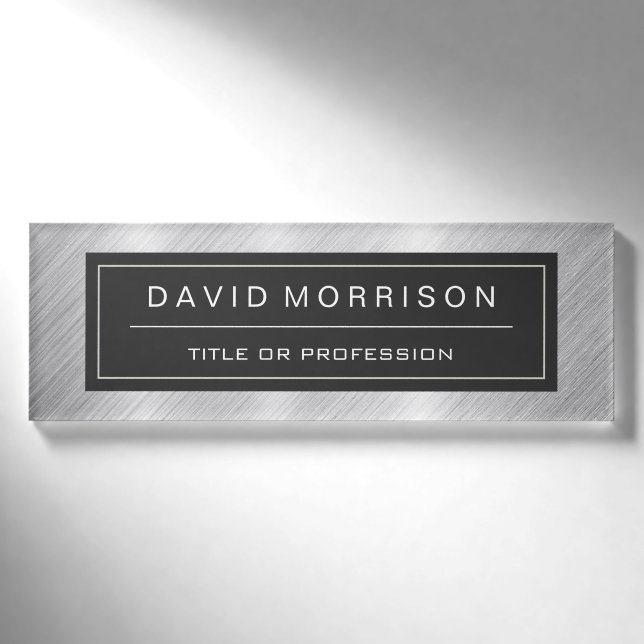 Stylish Brushed Metallic Silver Professional Look Name Tag (Front)