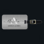 Stylish Brushed Silver Grey Metal Black Monogram Luggage Tag<br><div class="desc">Elegant ,  Chic and modern stainless steel silver grey foil metal design with a modern monogram and name in white  and black on the front. The back is thoughtfully designed with your contact details in white that can be personalized with your name ,  phone,  address and  email.</div>
