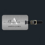 Stylish Brushed Silver Grey Metal Black Monogram Luggage Tag<br><div class="desc">Elegant ,  Chic and modern stainless steel silver grey foil metal design with a modern monogram and name in white  and black on the front. The back is thoughtfully designed with your contact details in white that can be personalized with your name ,  phone,  address and  email.</div>