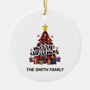 Stylish Buffalo Red Plaid Christmas Tree & Gifts Ceramic Ornament