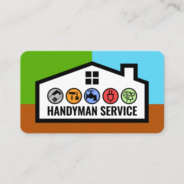 Stylish Building Frame With Handyman Tools Business Card (Front)