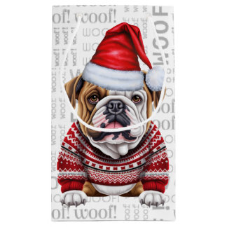 Stylish Bulldog and Woof Word Art Christmas Small Gift Bag