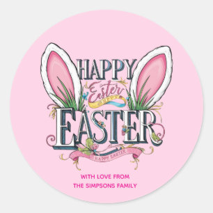 Stylish bunny ears pink Happy Easter Classic Round Sticker