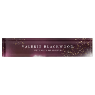 Stylish Burgundy and Gold Glitter Watercolor Nameplate