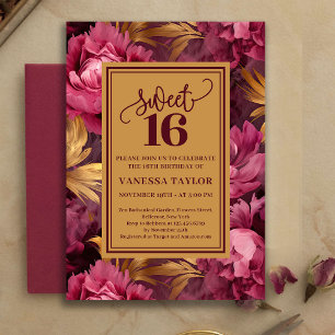 Stylish Burgundy Blush Roses Gold Sweet Sixteen  Invitation